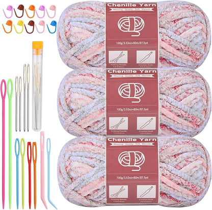 LUNARM Chenille Yarn for Crocheting Knitting, 3 Skein 10.58 oz / 263 Yard Thick Soft Chunky Fluffy Weaving Plush Yarn for Blankets Clothes Pattern with Big Eye Needles(Pink Purple Green Gradient)