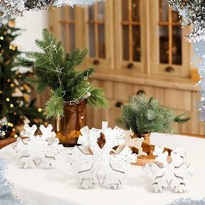 Bucherry 3 Pcs Winter Wooden Snowflake Decor Rustic Winter Snowflake Table Signs Wonderland Wood Blocks Farmhouse Christmas Tiered Tray Decorations for Xmas Table Shelf(Classic White)