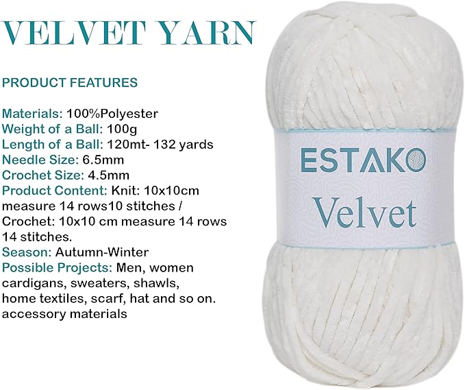 Estako Velvet Chenille Blanket amigurumi Yarn for Crocheting and Knitting Super Bulky 100 gr (132 yds) (1150 - Cream)