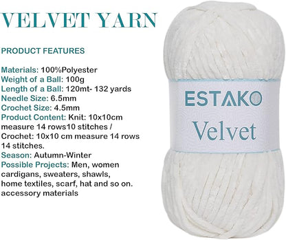 Estako Velvet (3- Skeins Pack) Chenille Blanket amigurumi Yarn for Crocheting and Knitting Super Bulky 3x100 gr (3x132 yds) (1150 - Cream)