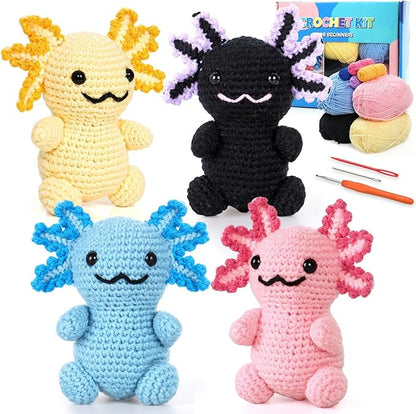 Weldomcor Crochet Kit for Beginners, Amigurumi Crocheting Animals Kits for Adults with Step-by-Step Video Tutorials Knitting Yarn Hooks DIY Crafts Starter Supplies Gifts Set (4 Pcs Mini Axolotls)