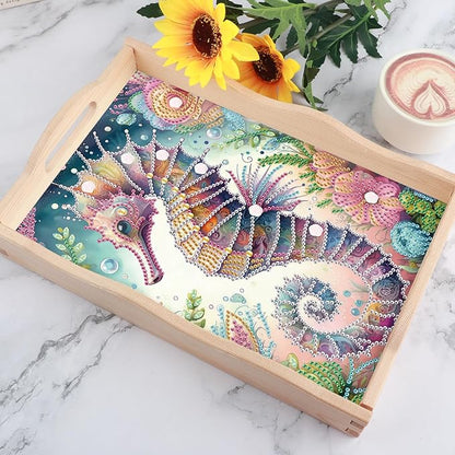JISHSHAY Diamond Art Serving Tray Diamond Painting Food Tray Gem Art Serving Platter Gem Painting Mosaic Kits for Adults DIY Kits for Adults, with Wood Handle 20×30cm/7.87×11.81in, Sea Horse