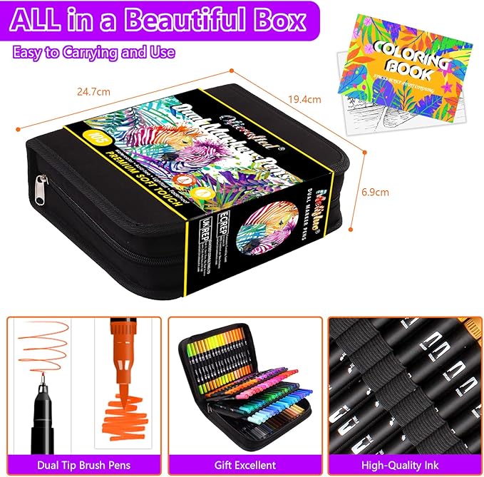 Oficrafted Brush Pens, 105 Colors Dual Tip Markers for Adult Coloring Books, Note Taking and Lettering