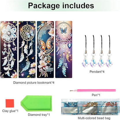 4 Pack Diamond Painting Bookmarks for Adults, 5D DIY Diamond Art Bookmark Kit with Tassels, Rhinestone Craft Supplies for Reading Lovers, Dreamcatcher & Butterfly Designs