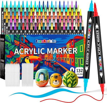 FansArriche 132 Colors Acrylic Paint Pens, Dual Tip Acrylic Paint Marker Set with Fine Tip and Brush Tip, Fabric Markers Permanent for Clothes, Wood, Stone, Canvas, Rock, DIY Art Supplies Kit
