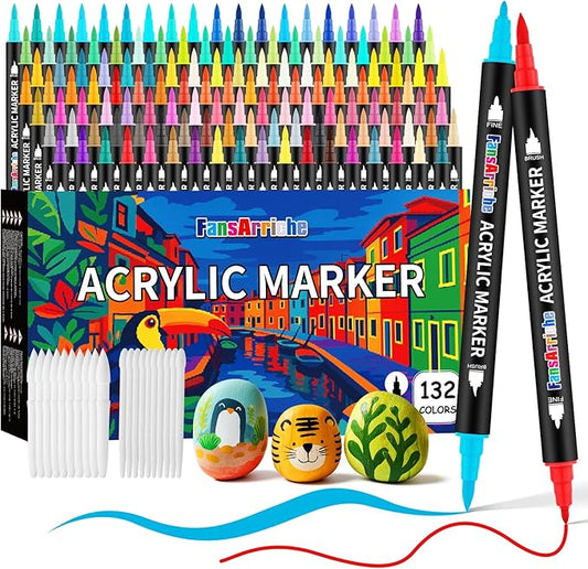 FansArriche 132 Colors Acrylic Paint Pens, Dual Tip Acrylic Paint Marker Set with Fine Tip and Brush Tip, Fabric Markers Permanent for Clothes, Wood, Stone, Canvas, Rock, DIY Art Supplies Kit