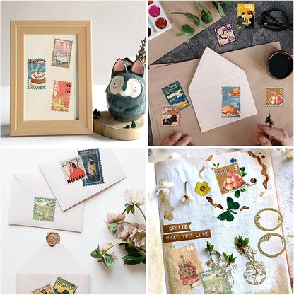 Prstincol 100 Pcs Scrapbooking Stickers,Food Stickers for Scrapbooking,Vintage Stamp Sticker for Journaling,Retro Poster Sticker for Water Bottle Laptop Phones Bullet Journal