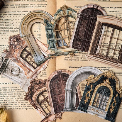 80 PCS Vintage Textured Hard Card Hollowed Door and Window Scrapbook Stickers, Aesthetic Decorative Frame Stickers for DIY Diary Junk Journal Handbook Journaling Scrapbooking Supplies Kit Pop-up