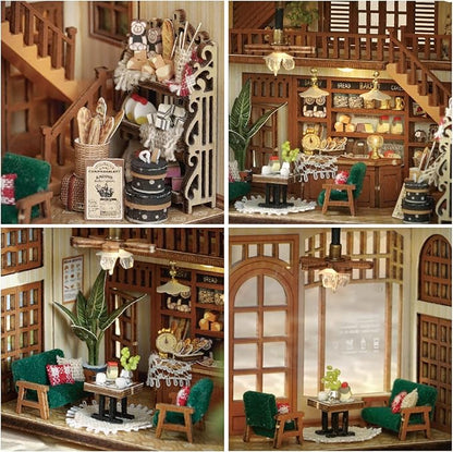 DIY Miniature House Kit, CUTEROOM Mini House Kit for Adult to Build, Wooden Dollhouse Making Kit with Furniture, Christmas Birthday Gifts- Bagel Time