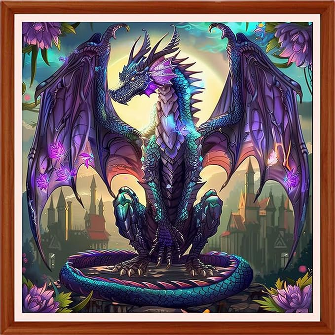 Foxhool Stamped Cross Stitch Kits,11CT Printed Cross Stitch Pattern Full Embroidery Kits for Beginner Needlepoint Kits&Purple Dragon 18x18 inchs