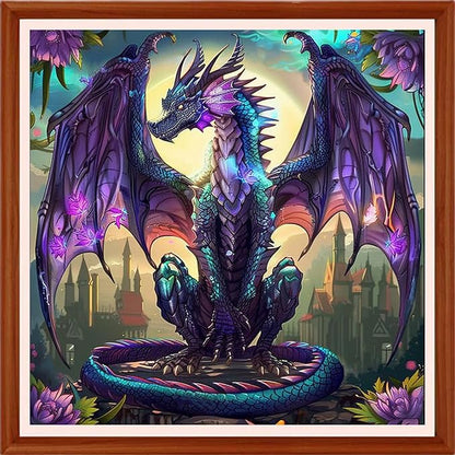 Foxhool Stamped Cross Stitch Kits,11CT Printed Cross Stitch Pattern Full Embroidery Kits for Beginner Needlepoint Kits&Purple Dragon 18x18 inchs