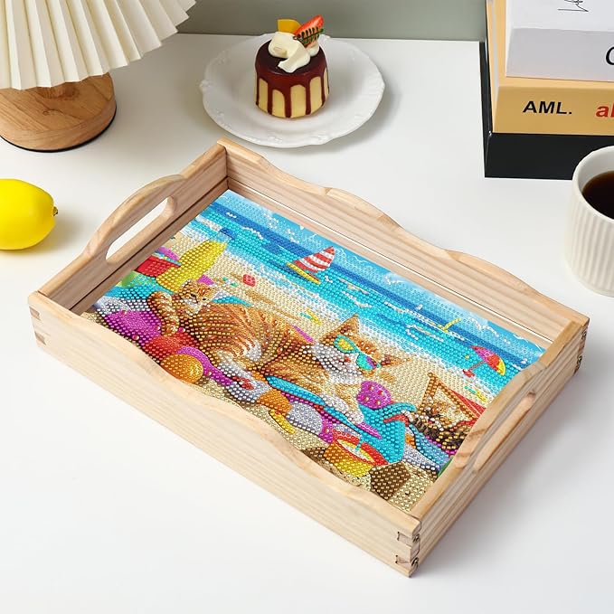 EWJRNSF Diamond Art Kits for Adults Wooden Serving Trays with Handles, 5D Diamond Painting Big Gem Arts and Craft Gifts Trays Decor Gift Home Decor 7.8x11.8 Inches Cat A