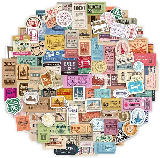 Prstincol 300 Pcs Vintage Travel Stickers Ticket Stickers for Journaling,Luggage Sticker Stub Vintage Sticker for Junk Journal Crafts Laptop Water Bottle Album Scrapbook
