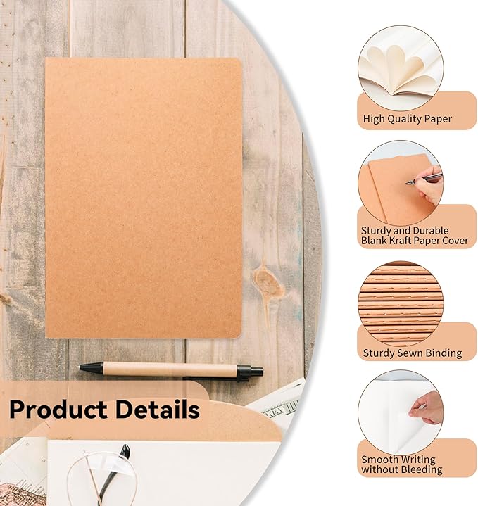 4 Pack Blank Kraft Notebooks, 8.3x5.5 Inches A5 Small Journals Bulk Blank Notebooks 80 Gsm Unlined with 60 Pages A5 Subject Notebooks Traveler Journal Set for Adult Students Back to School Supplies
