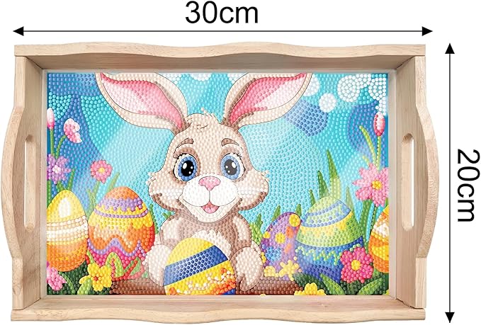 FGbaby DIY 5D Easter Bunny Eggs Diamond Painting Wood Serving Tray with Handles Diamond Art Decor Serving Trays Wooden Tray for Breakfast in Bed, Patio, BBQ, Coffee Table, Party –Great for Lap & Couch