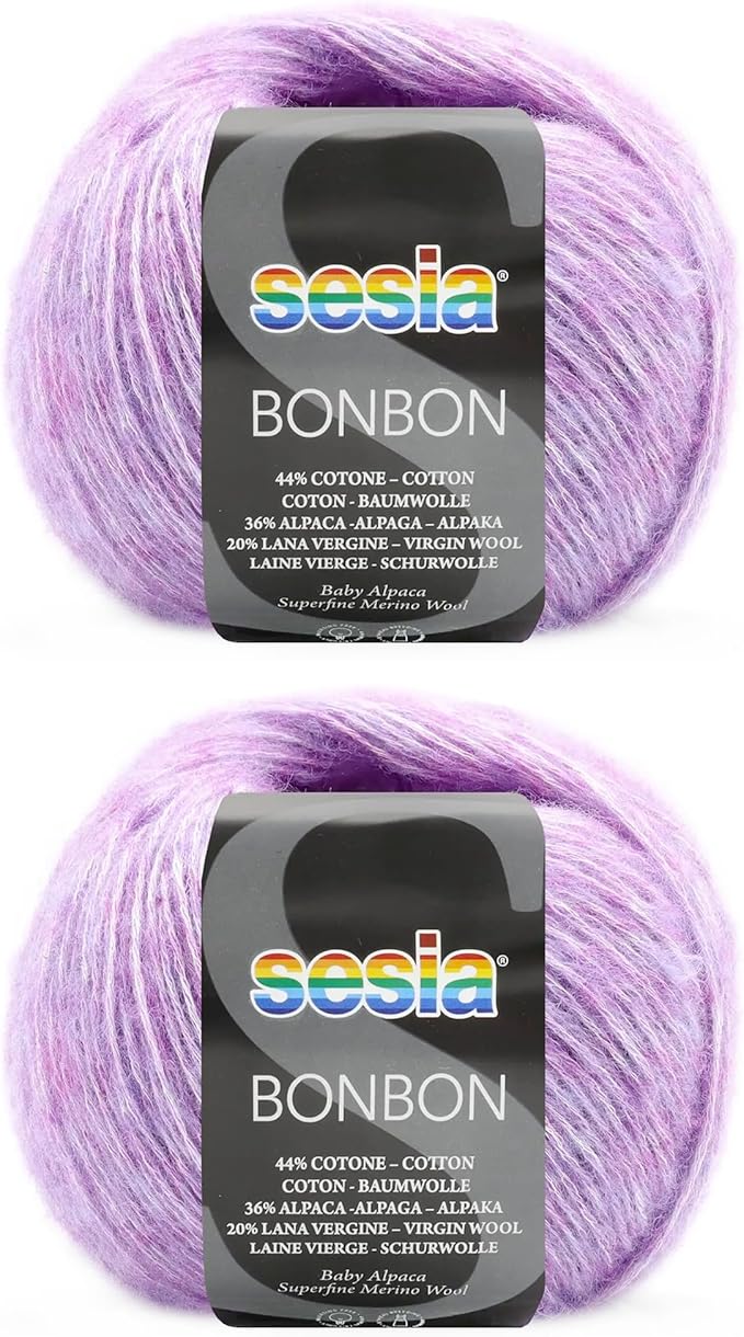2 Skeins, Baby Alpaca, Superfine Merino Wool, Cotton, 458 Yds/3.5 oz., Needles US 6-7, Sesia Bon Bon (2, Lilac - 6532)