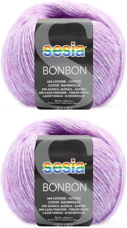 2 Skeins, Baby Alpaca, Superfine Merino Wool, Cotton, 458 Yds/3.5 oz., Needles US 6-7, Sesia Bon Bon (2, Lilac - 6532)