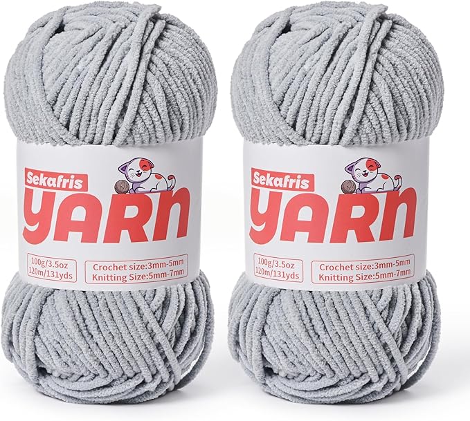 Plush Chunky Chenille Yarn for Crocheting, Soft Fluffy Velvet Yarn for Crocheting Amigurumi, Fuzzy Baby Blanket Knitting 200g/262yds Bulky(2 Grayish)