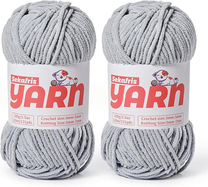 Plush Chunky Chenille Yarn for Crocheting, Soft Fluffy Velvet Yarn for Crocheting Amigurumi, Fuzzy Baby Blanket Knitting 200g/262yds Bulky(2 Grayish)