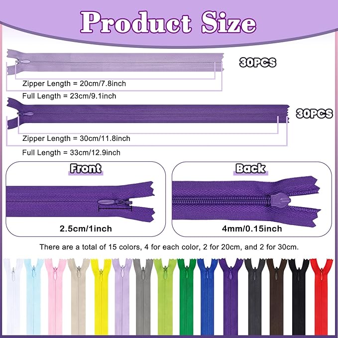 Invisible Zipper, DOITEM 60pcs 8 Inch 12 Inch Invisible Multicolor Nylon Coil Zippers for Sewing and Crafts 15 Colors