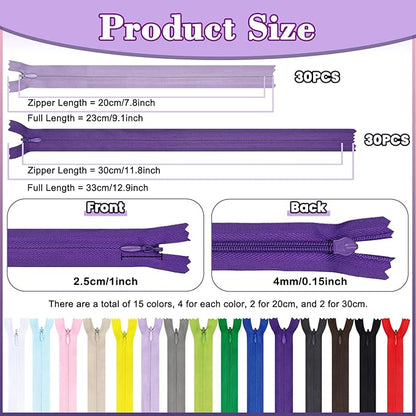 Invisible Zipper, DOITEM 60pcs 8 Inch 12 Inch Invisible Multicolor Nylon Coil Zippers for Sewing and Crafts 15 Colors