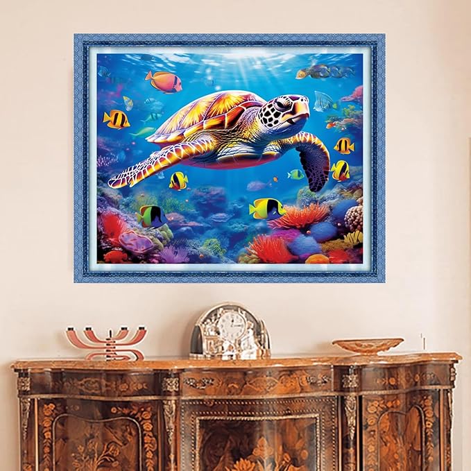 DMCVIVR Stamped Cross Stitch Kits for Beginners Adults Needlepoint Kits for Beginners Embroidery Kits for Adults Crossstitch Kit for Beginners 11CT-Sea Turtle 16x20 inch