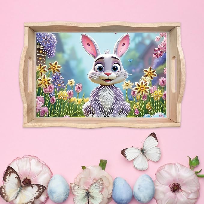 DIY Diamond Art Wooden Tray Kit, Food Tray with Handle Diamond Painted Table Decoration Tray, for Breakfast, Bar Dinner Table Diamond Dots Gem Painting Art Set for Beginners-#39-Easter Bunny