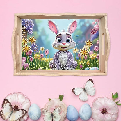 DIY Diamond Art Wooden Tray Kit, Food Tray with Handle Diamond Painted Table Decoration Tray, for Breakfast, Bar Dinner Table Diamond Dots Gem Painting Art Set for Beginners-#39-Easter Bunny