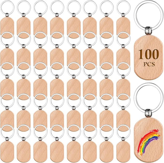 100 Pcs Wooden Keychain Blanks Wood Key Chain Bulk Rounded Square Wooden Blank Keychains Unfinished Blanks Wood Keychains Blank Wooden Key Tag for DIY Gift Craft Supplies