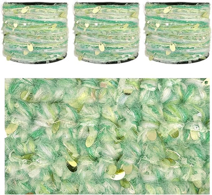 Artisanal Yarn Collection Multifiber Fancy Yarn with Sequins & Iridescent Shimmering Threads for Knitting Crocheting Crafts DIY, Set of 3 Rolls (Pastel Lime)