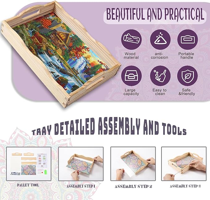 EWJRNSF Diamond Art Kits for Adults Wooden Serving Trays with Handles, 5D Diamond Painting Big Gem Arts and Craft Gifts Trays Decor Gift Home Decor 7.8x11.8 Inches Landscape A