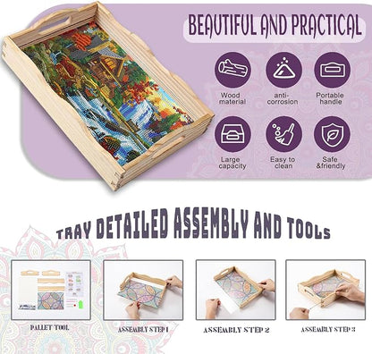 EWJRNSF Diamond Art Kits for Adults Wooden Serving Trays with Handles, 5D Diamond Painting Big Gem Arts and Craft Gifts Trays Decor Gift Home Decor 7.8x11.8 Inches Landscape A