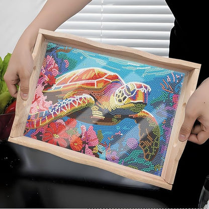 DIY Diamond Art Wooden Tray Kit, Food Tray with Handle Diamond Painted Table Decoration Tray, for Breakfast, Bar Dinner Table Diamond Dots Gem Painting Art Set for Beginners (#09-Sea Turtle)