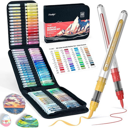 JusArt 48 Colors Acrylic Paint Markers with Canvas Bag, Water-Based No-Bleed Paint Pens with Automatic Ink Control, Waterproof Brush Tip Markers for DIY Art & Crafts -Fabric, Rock, Wood, Glass, Metal