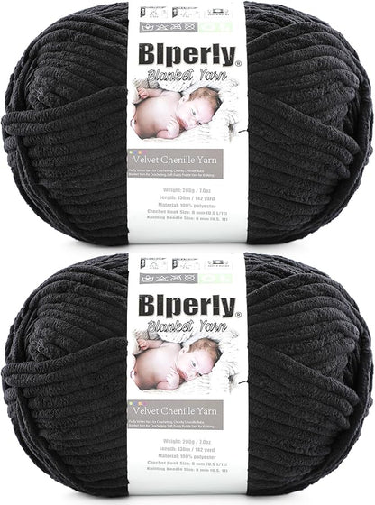 6 Super Bulky Velvet Chenille Yarn for Crocheting - 2 Skein of 200g/7 oz - Ultra Soft Heavy Weight Chunky Knitting Yarn for Baby Blankets, Amigurumi, Home Decor（Black，2 Skein）