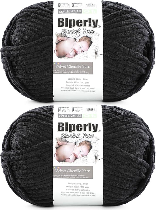 6 Super Bulky Velvet Chenille Yarn for Crocheting - 2 Skein of 200g/7 oz - Ultra Soft Heavy Weight Chunky Knitting Yarn for Baby Blankets, Amigurumi, Home Decor（Black，2 Skein）