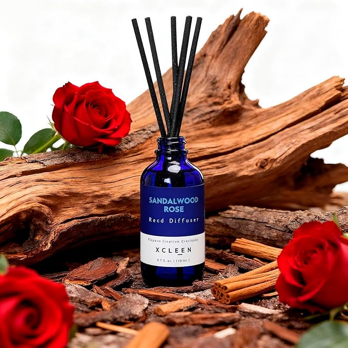 Xcleen Reed Diffuser Set, Sandalwood Rose Scented Oil Diffuser with Sticks, Home Fragrance Reed Diffusers for Bathroom Shelf Decor & Air Fresheners