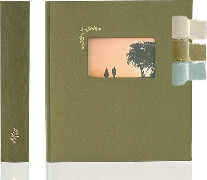 Premium Scrapbook Album with Window and Writing Space – 100 Pages holds 500 Photos of Different Sizes – Wedding, Baby, Travel & Family Memories – 13" x 11.6" - Olive