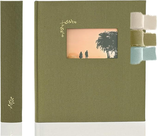 Premium Scrapbook Album with Window and Writing Space – 100 Pages holds 500 Photos of Different Sizes – Wedding, Baby, Travel & Family Memories – 13" x 11.6" - Olive