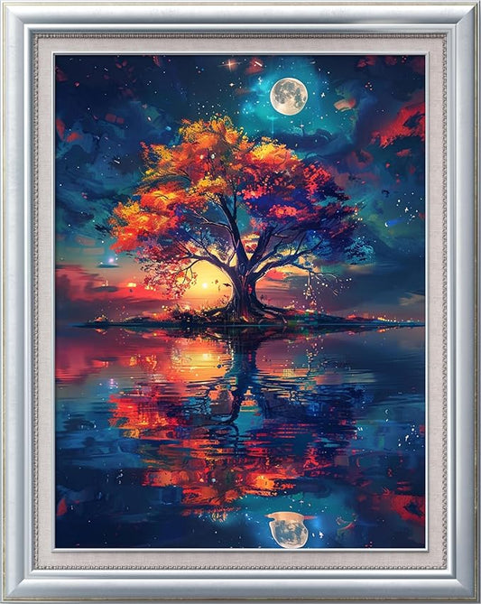 Leczany Cross Stitch Patterns Stamped Kit for Beginners | Embroidery Supplies DIY Craft Kit Needlepoint for Adults Starter | 11CT, 3 Strands | Tree in The Lake 15.8x20.9 inches