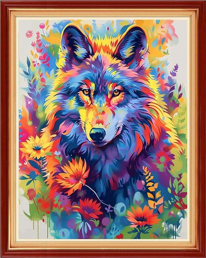 Funchey Stamped Cross Stitch Kits, DIY Cross Stitch Pattern for Adults Beginners Needlepoint Kits Embroidery Kit Arts and Crafts 11CT-Colorful Wolf 16x20 inchs