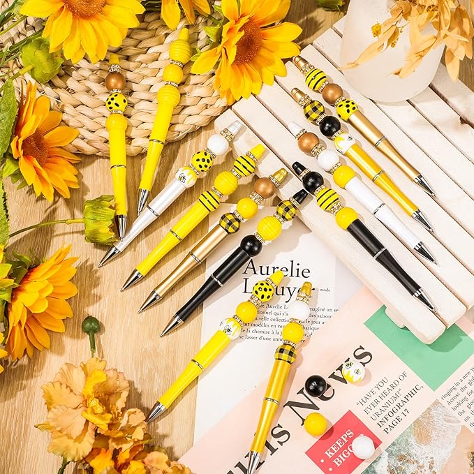 Geyee 12 Set Plastic Beadable Pens Assorted Bead Pens Crystal Wood Round Spacer Set Black Ink DIY Ballpoint for Women Men Gift Office Supplies(Bee)
