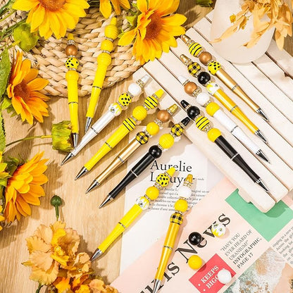 Geyee 12 Set Plastic Beadable Pens Assorted Bead Pens Crystal Wood Round Spacer Set Black Ink DIY Ballpoint for Women Men Gift Office Supplies(Bee)