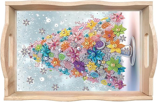 DIY Diamond Art Wooden Tray Kit, Food Tray with Handle Diamond Painted Table Decoration Tray, for Breakfast, Bar Dinner Table Diamond Dots Gem Painting Art Set for Beginners-#34-Christmas Tree