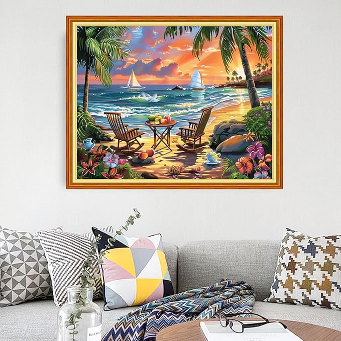 Funart Stamped Cross Stitch Kits for Beginners Full Range of Cross Stitching Preprinted Embroidery Kits for Adults, 11CT Embroidery Pattern Needlepoint Kits-Drinking Tea by The Seaside 16x20 inchs