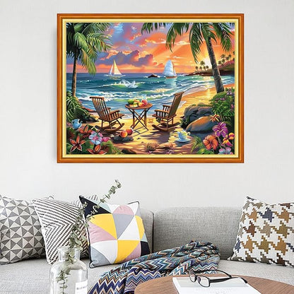 Funart Stamped Cross Stitch Kits for Beginners Full Range of Cross Stitching Preprinted Embroidery Kits for Adults, 11CT Embroidery Pattern Needlepoint Kits-Drinking Tea by The Seaside 16x20 inchs