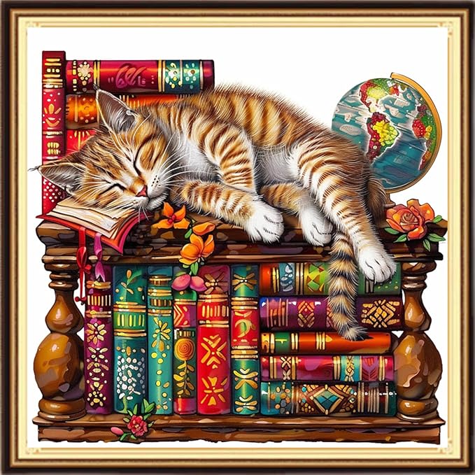 DMCVIVR Stamped Cross Stitch Kits for Adults Beginners Embroidery Kits 11CT Needlepoint Kits Cross Stitch Patterns Embroidery Patterns- Bookshelf Cat 18x18 inch