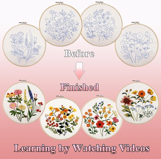 VIVIDOX 4 Sets Embroidery Kit for Beginners with Stitch Video, Flower Cross Stitch Kits for Adults, Starter, Hand Craft Lover Practice with Floral Stamped Pattern, 2 Hoops, 16 Needles, Scissors, Tools