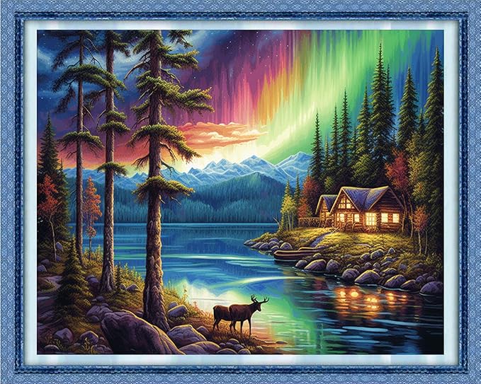 Dooxvey Cross Stitch Kits for Adults Stamped Full Range of Embroidery Starter Kits for Beginners 11CT Printed Cross Stitch Patterns Needlepoint Kits Stamped Crossstitching-Aurora by Lake 16x20 inch