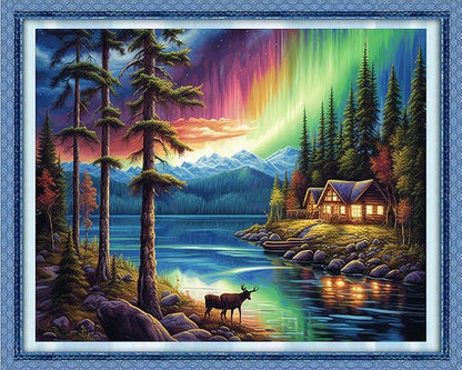 Dooxvey Cross Stitch Kits for Adults Stamped Full Range of Embroidery Starter Kits for Beginners 11CT Printed Cross Stitch Patterns Needlepoint Kits Stamped Crossstitching-Aurora by Lake 16x20 inch